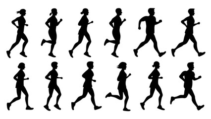 set of running people silhouette vector on tranparent background.