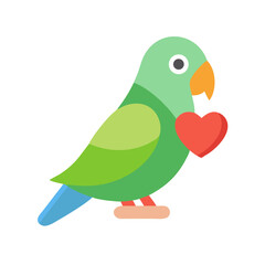 Green parrot holding a red heart on black background