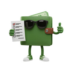 Cool wallet cartoon character with checklist and thumbs up pose scene