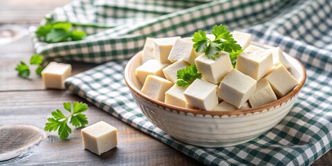 Tofu soy cheese or paneer cubes placed on a checkered napkin in a ceramic bowl with fresh parsley and celery added