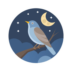 Blue bird on branch at night, crescent moon background