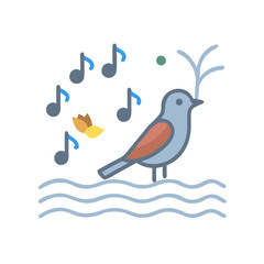 Illustration of a songbird with notes and water