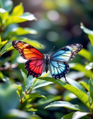 Fototapeta premium Vibrant Red And Blue Butterfly On Lush Green Leaves