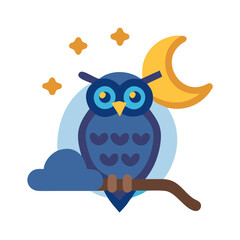 Cartoon owl perched on branch with moon and stars