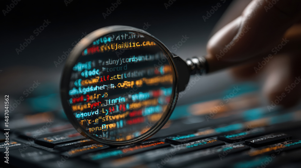 Poster close up view of magnifying glass focusing on colorful code displayed on keyboard, symbolizing techn