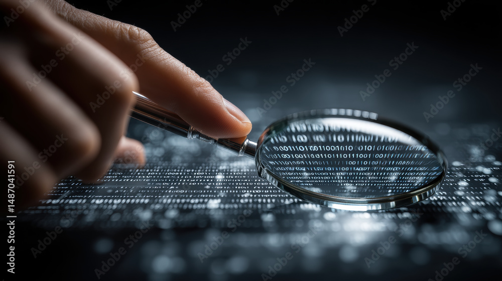 Poster hand holding magnifying glass over binary code, symbolizing data analysis and technology. image conv