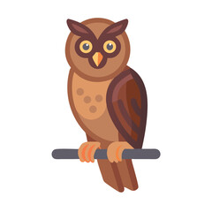 Flat graphic brown owl illustration perched on a branch