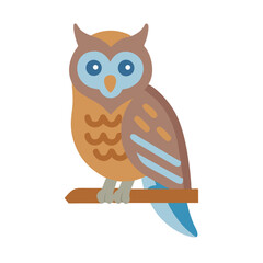 Stylized owl perched on a branch against black backdrop