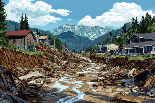 A serene mountain town devastated by a recent flood, showcasing damage and recovery efforts