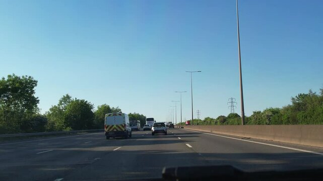 Dash Cam Footage of London to Luton M1 Travel on British Motorways of England UK During Sunny Day, May 10th, 2025