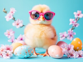 Cute chick in pink sunglasses amidst spring blossoms and eggs.