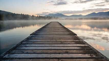 Fototapeta premium Wooden Dock Extending into a Misty Lake at Sunrise.