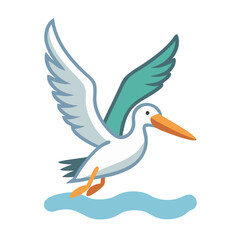 Cartoon pelican flying over ocean water, vector illustration