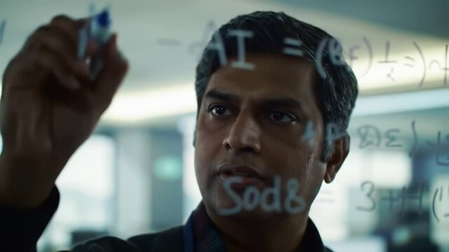 Mathematician solves complex equations in a modern office environment during the day