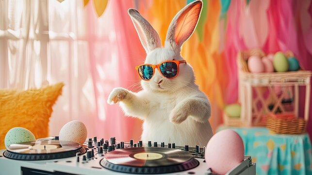 Playful bunny DJ mixes Easter tunes.