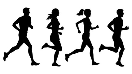 set of running people silhouette vector on tranparent background.