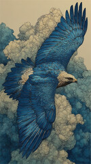 Blue eagle soaring through stormy clouds, watercolor style, dynamic, majestic, detailed feathers