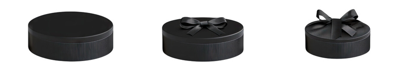 Three Round Black Gift Boxes With A Black Bow On Top One Box Is Closed One Is Open And One Has The Lid Completely Off