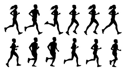 set of running people silhouette vector on tranparent background.