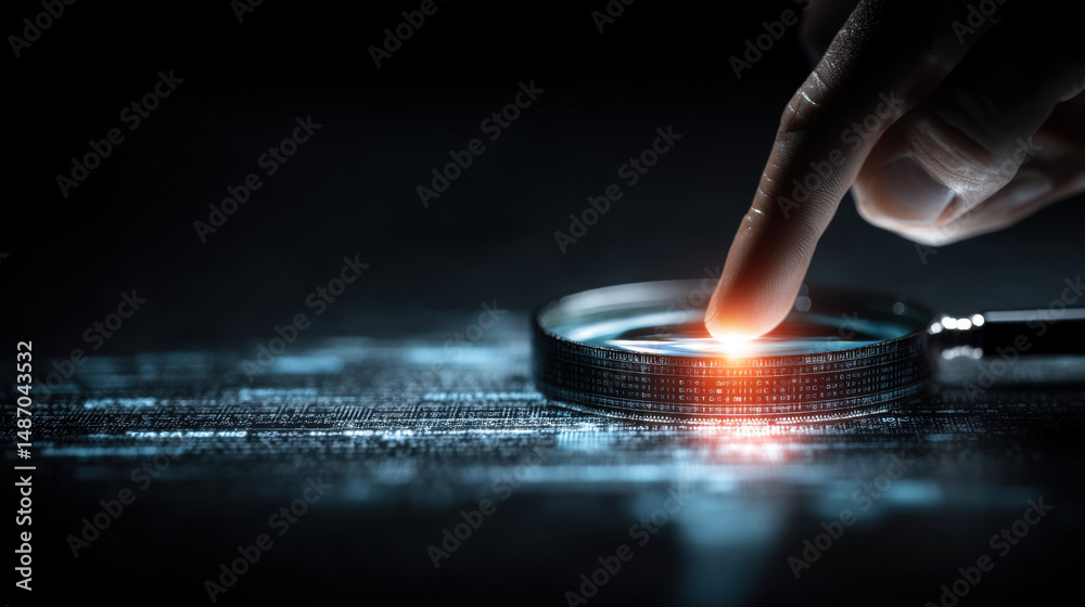 Poster person examining digital data with magnifying glass, highlighting binary code, showcasing technology