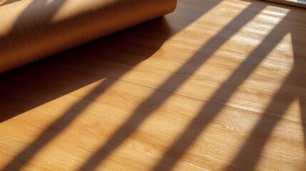 Warm Natural Light Casting Shadows on Smooth Wooden Floor with Rolled Carpet in Cozy Room
