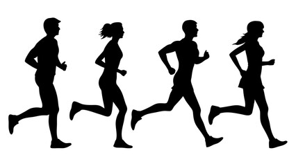 set of running people silhouette vector on tranparent background.