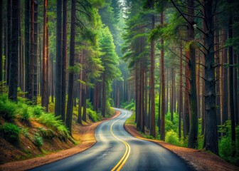 Fototapeta premium A serene winding road twists its way through dense forest foliage with tall trees looming above