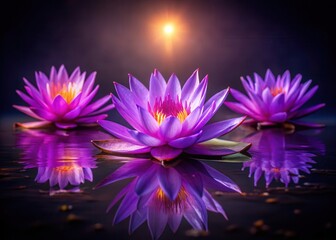 Obraz premium Glowing Purple Lotus Flowers Bloom in Dark Water