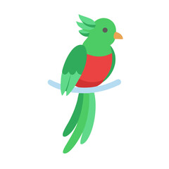 Stylized quetzal bird perched on branch against black backdrop