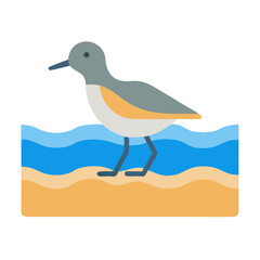 Stylized cartoon bird standing on beach near water