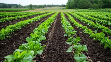 Serene Rows of Lush Green Leafy Vegetables in a Farmland