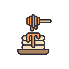 Stack Of Pancakes With Honey Drizzled From A Wooden Dipper