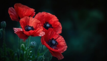 Closeup of vibrant red poppies in full bloom, contrasting against blurred dark background, creating a peaceful and serene mood.