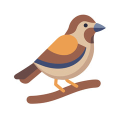 Flat style sparrow sitting on a brown branch illustration