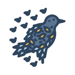 Stylized Bluebird Illustration on Black Background with Small Icons