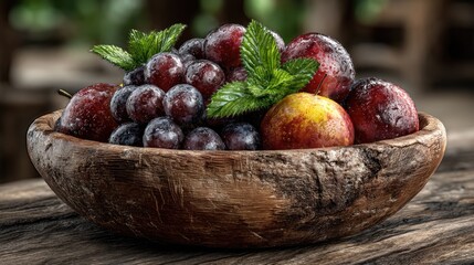 Fresh, ripe fruits like red grapes and juicy plums in a bowl and basket offer a healthy and sweet dessert