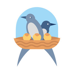 Two stylized birds nesting with three eggs illustration art
