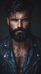 Obraz premium Close-up portrait of a man with a thick beard and leather jacket.