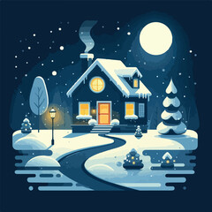 Naklejka premium vector image of a snowy house on a beautiful christmas eve