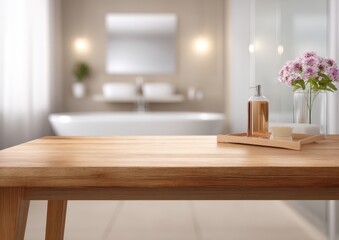 Elegant bathroom with wooden vanity and soft lighting.