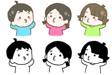 頭の後ろで手を組んで口をとがらせながら知らんぷりする子ども