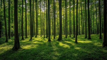 Obraz premium Sunlight streams through a dense green forest filled with tall, straight trees. Use this for environmental, travel, or nature-related content, for example.