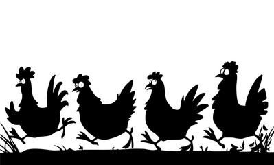Black Silhouette Chickens Running - Vector Illustration