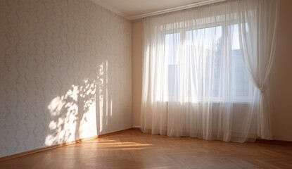 Obraz premium Sunlight casts shadows in an empty room with sheer curtains.