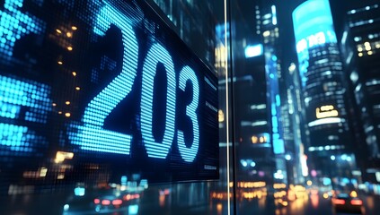 The background is the city skyline at night, with stock market numbers floating in front of it. The text "203" appears on the top left and right sides of an LED display screen.