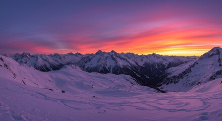 Breathtaking Sunset over Majestic Snow-Capped Alps: A Panoramic Winter Wonderland. High quality professional stock photo suitable for commercial use.