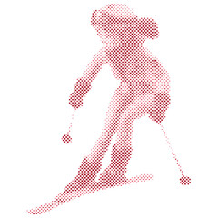 A cartoon sport woman skiing in action in halftone retro modern, dot form