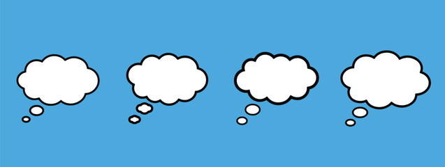 Thought Bubble Vector Set – White Cloud-Shaped Speech and Thinking Bubbles in Flat Cartoon Style on Blue Background for Messaging, Ideas, and Communication Design
