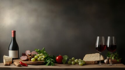 Elegant Wine and Food Platter with Grapes and Artisan Bread Display