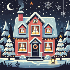 vector image of a snowy house on a beautiful christmas eve